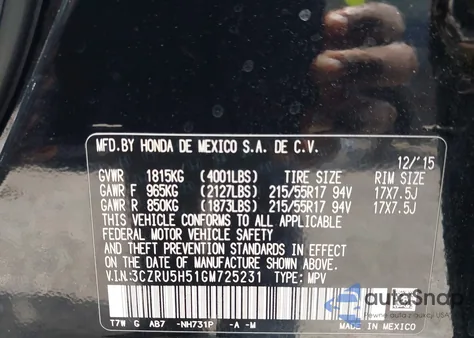 2016 Honda Hr-V Ex from USA, damaged, VIN 3CZRU5H51GM725231
